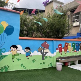 幼兒園墻體彩繪手工壁畫室外墻體繪畫卡通兒童涂鴉風(fēng)格