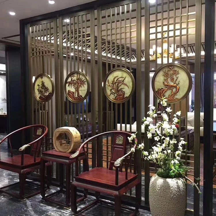 中式不銹鋼屏風(fēng)隔斷定制餐廳酒店客廳玄關(guān)簡約金屬隔斷墻隔墻板