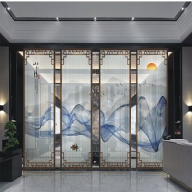 夾絲山水畫(huà)玻璃,效果圖背景墻玻璃畫(huà),藝術(shù)玻璃