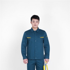 海藍拼菜黃滌棉細(xì)斜紋短袖套裝 四川定制工作服