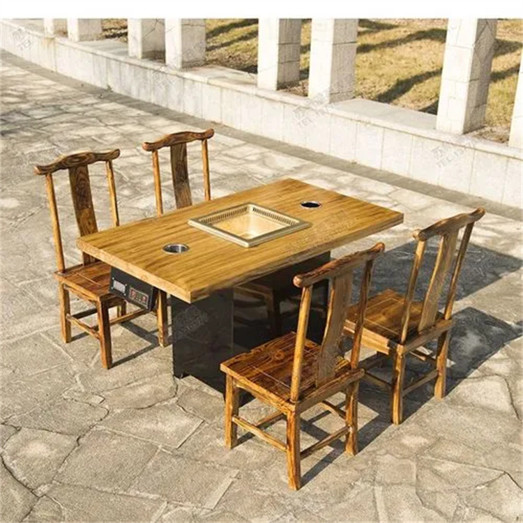 商用實(shí)木火鍋?zhàn)?仿古雕花成都大理石中餐桌椅 電磁爐火鍋圓桌